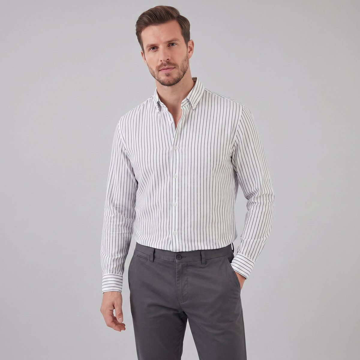 Men's Linen Vertical Stripe Dress Shirt