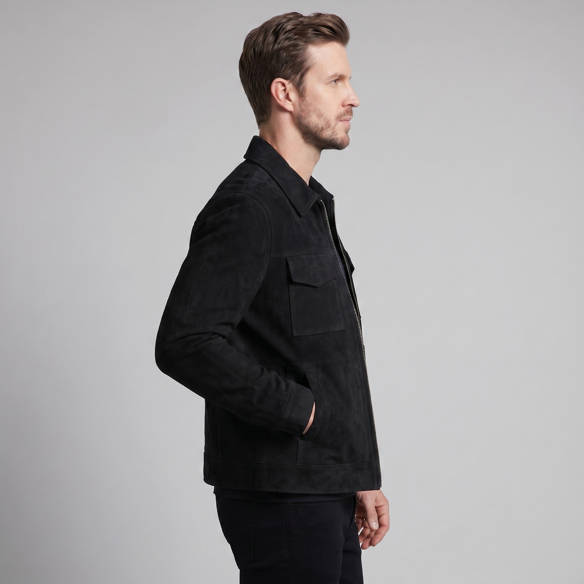 Men's Suede Jacket with Zip-Collar
