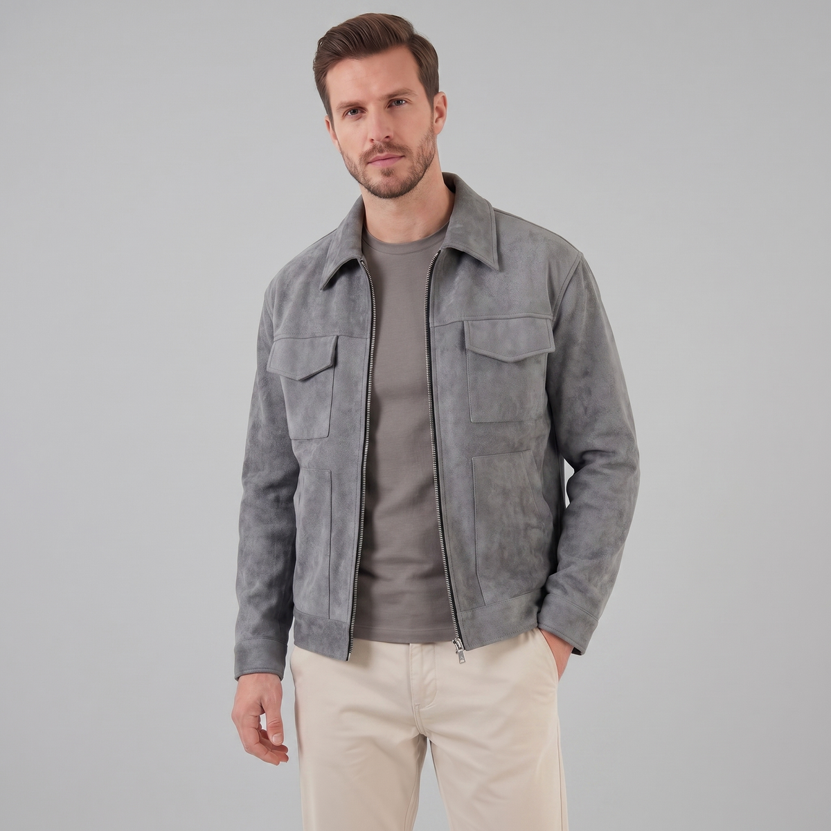 Men's Suede Jacket with Zip-Collar